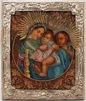 Старинная бисерная икона Богоматери «Трех радостей» в серебряном окладе, Россия, Москва, 1854 г.
