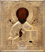 Старинная икона в серебряном окладе «Святой Николай Чудотворец», Россия, Москва, 1890 г.