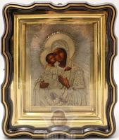 Антикварная икона в серебряном окладе и киоте «Божия Матерь Владимирская», Россия, Москва, 1868 г.