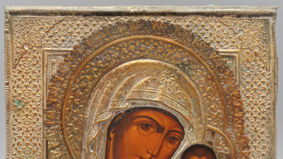 Древнерусская икона Богородицы Казанской, дерево, латунный оклад, Россия, 19 в.