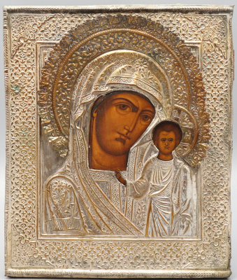 Древнерусская икона Богородицы Казанской, дерево, латунный оклад, Россия, 19 в.