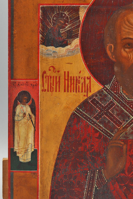 Старинная икона «Св. Николай с Ангелом Хранителем и св. Анисией на полях», дерево, Россия, кон. 19 в.