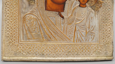 Древнерусская икона Богородицы Казанской, дерево, латунный оклад, Россия, 19 в.